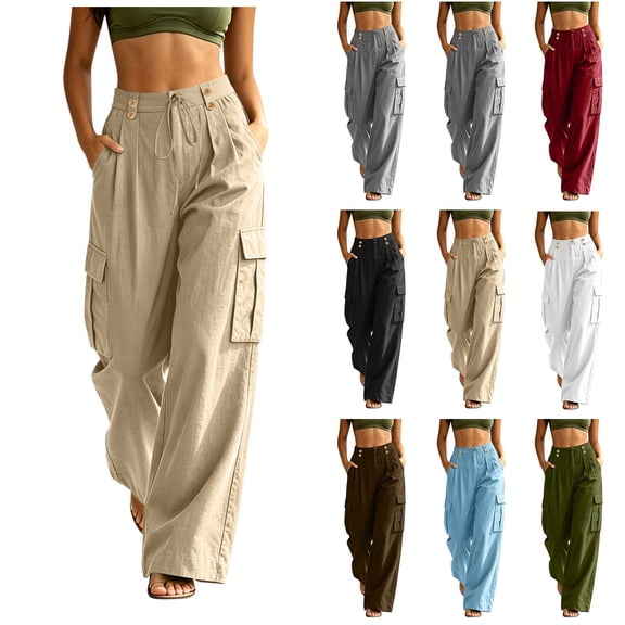Akmaiox Linen Cargo Pants Women Straight Wide Leg Sweatpants Buttoned Drawstring High Waist Loose Fit Streetwear Hiking Pants with Pockets S‑2XL