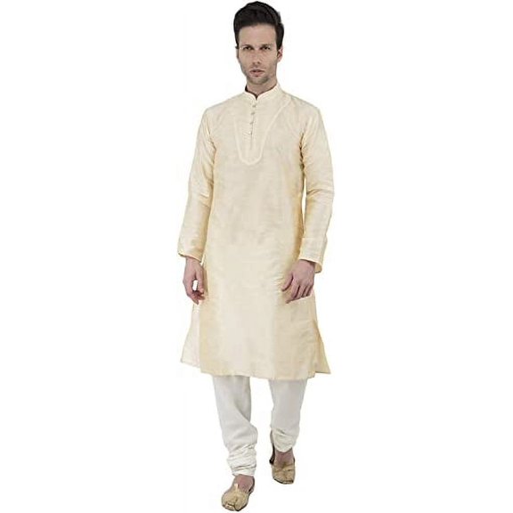 Royal Kurta Mens Silk Blend Woven Embroidered Kurta Pyjama (40, Gold)