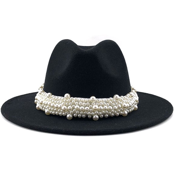 Womens Hat, Black Women's British Fashion Elegant Jazz Hat Pearl With Top Hat Big Brim Hat, Summer Hats for Women, M-L, Women's Hats, Womens Sun Hats
