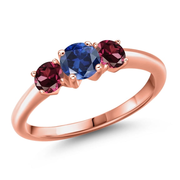 Gem Stone King 18K Rose Gold Plated Silver Blue Created Sapphire and Red Rhodolite Garnet Engagement Ring for Women | 1.34 Cttw | Round 5MM | Gemstone September Birthstone | Size 9