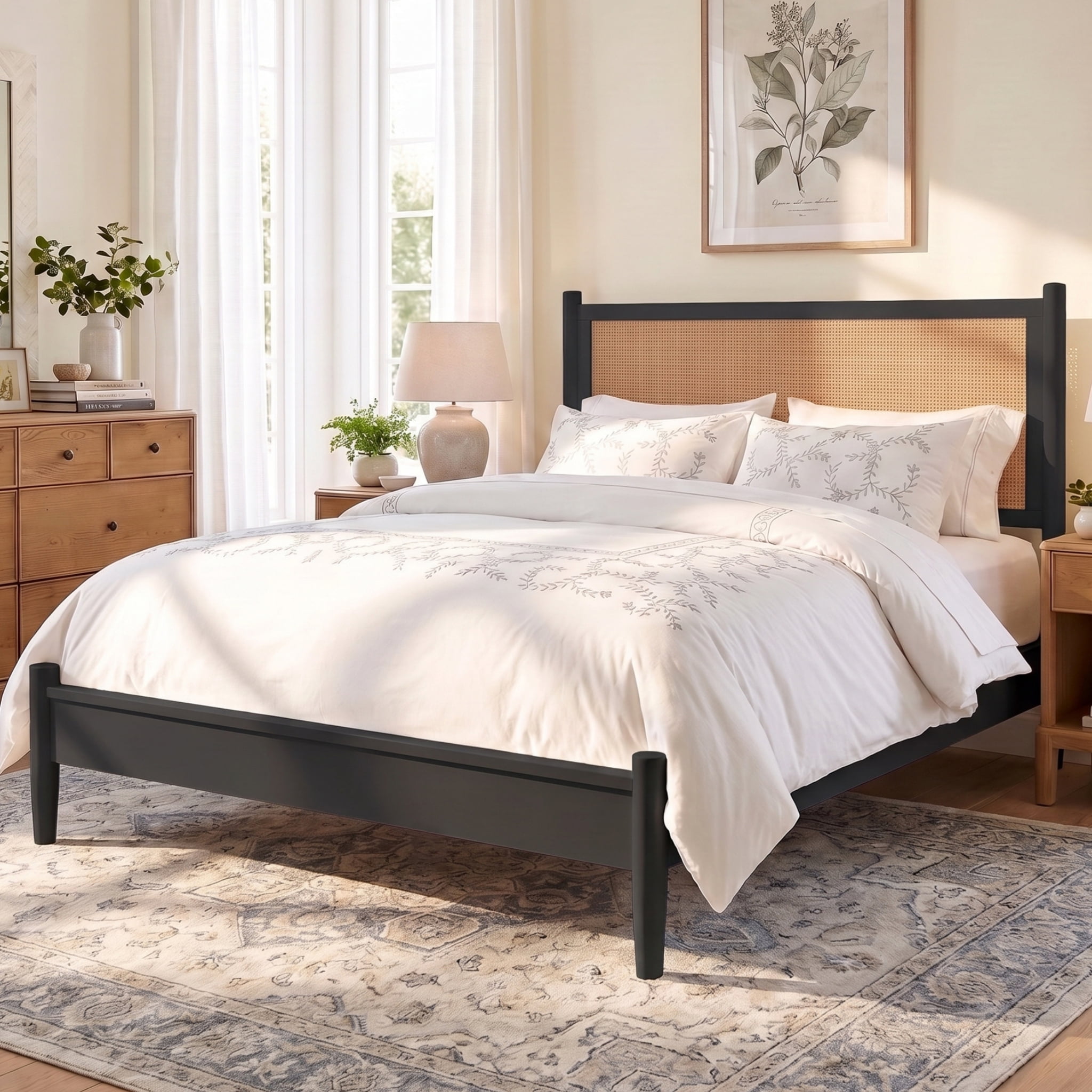 Euroco Modern Wood King Size Platform Bed with Rattan Headboard,Wicker Bed, No Box Spring Needed, Black