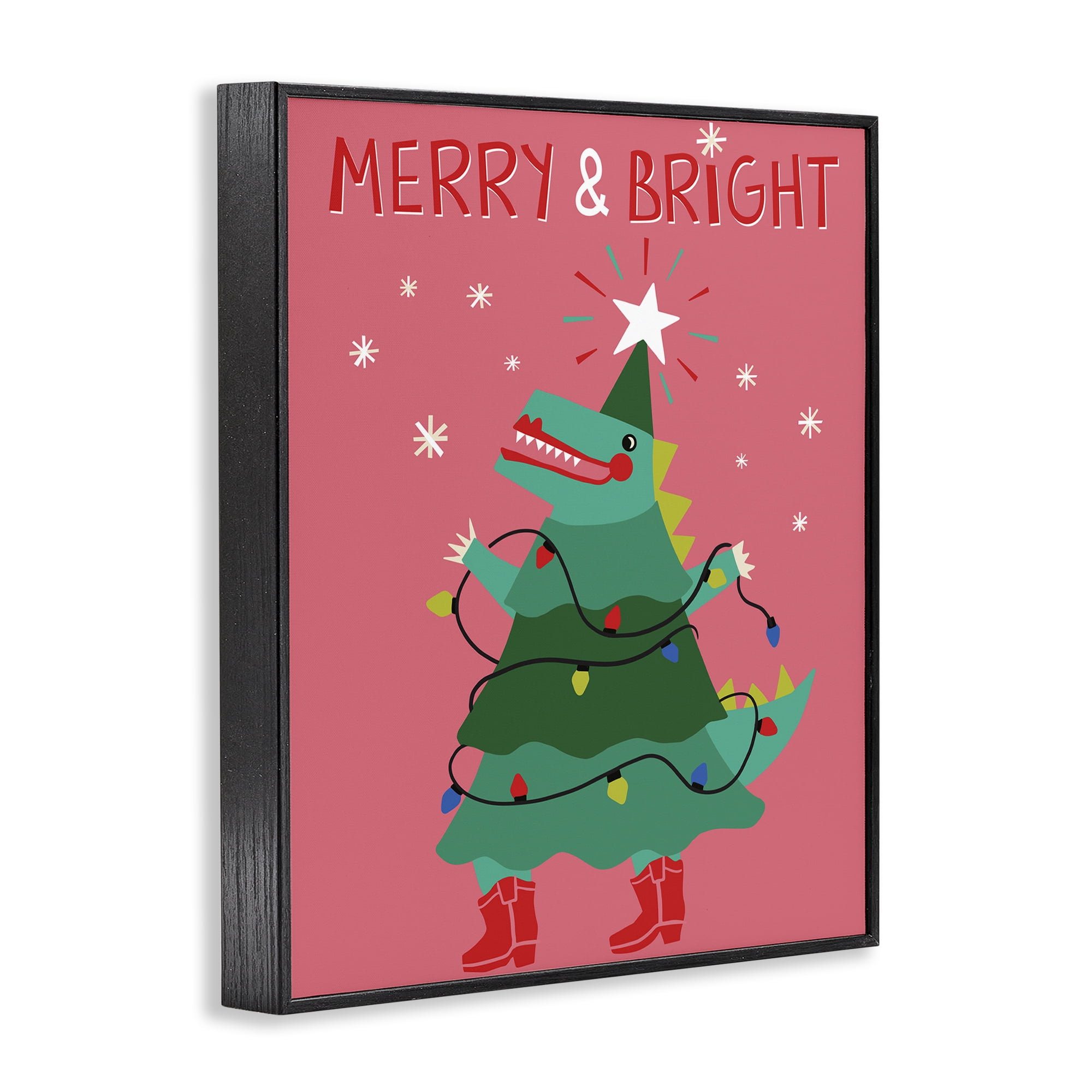 Stupell Industries Merry and Bright Dinosaur Holiday Painting Black Framed Art Prints Wall Art, 11 x 14