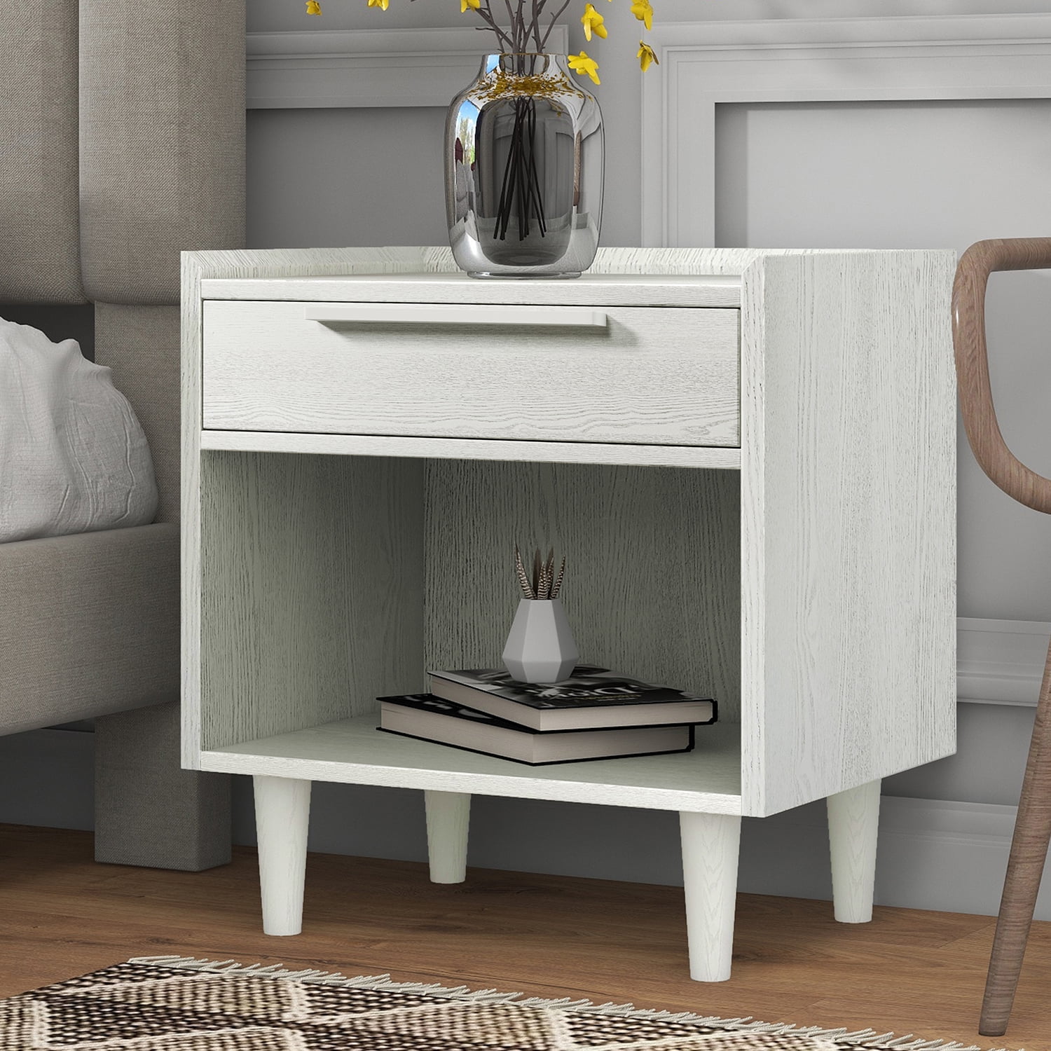 Kadyn Nightstand Side Table, Modern End Table with One-Drawer and Solid Wood Legs, Solid Wood Nightstand for Bedroom, White Kadyn Nightstand Side Table, Modern End Table with One-Drawer and Solid Wood Legs, Solid Wood Nightstand for Bedroom, White