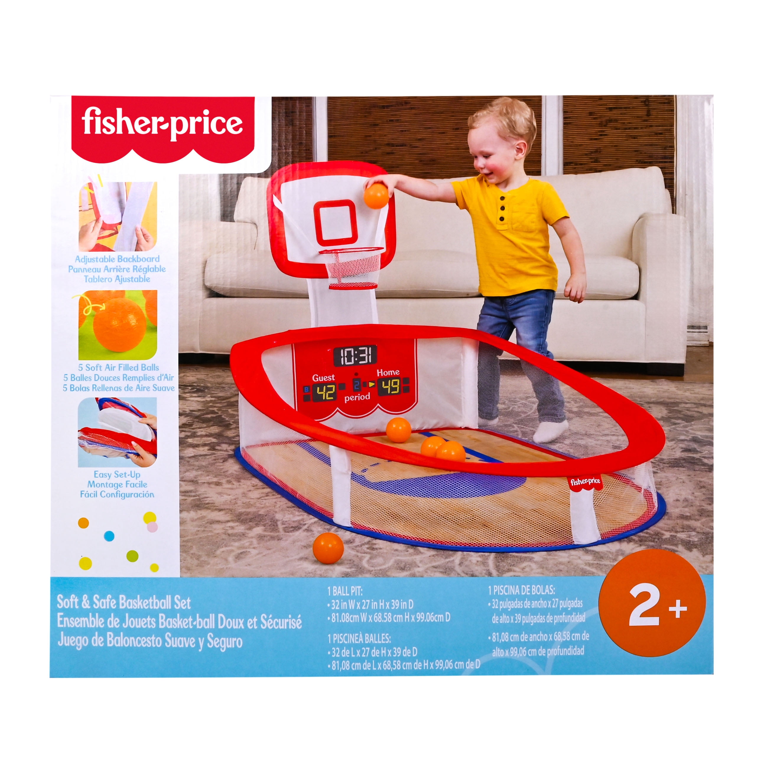 Fisher-Price Soft & Safe Basketball Set with Adjustable Backboard and 5 Air-Filled Balls for Indoor Play