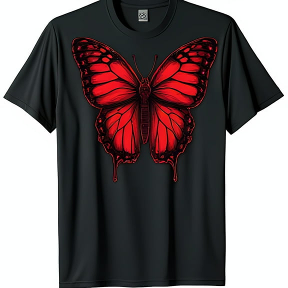 Vibrant Red Butterfly Graphic on Black T-Shirt Eye Catching Chest Design
