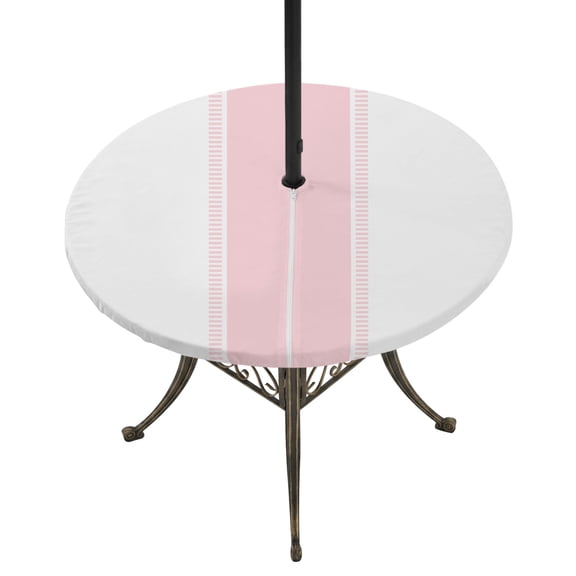 Round Outdoor Tablecloth with Umbrella Hole and Zipper, Valentines Day, Fitted Table Cover with Elastic Edge for 45-54 Inch, Minimalist Pink Stripes Solid Color Waterproof Patio Tablecoths for Picnic