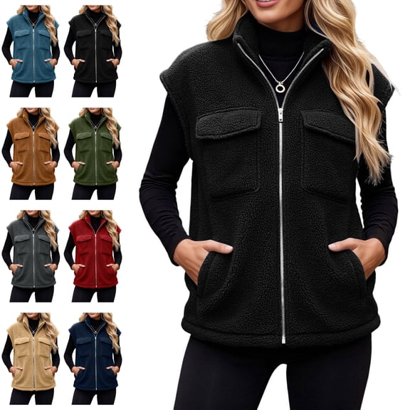 Sentuca Womens Vest Stand Collar Full Zip Plush Fleece Coat with Pockets Sleeveless Warm Cozy Soft Wear Jackets, Black XXL
