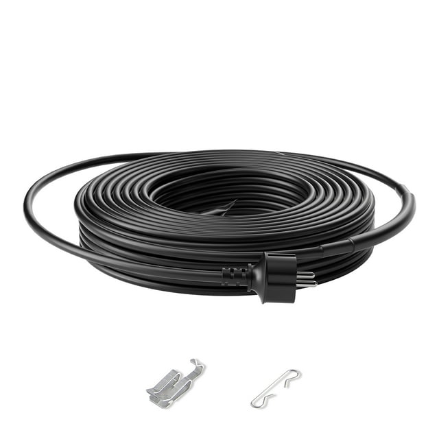 VEVOR Self-Regulating Pipe Heating Cable, 30FT length, 5W/FT heat output, coiled with a black finish and attached power cord. Includes clips and spacers for installation. Ideal for preventing ice dams on roofs and gutters, compatible with metal, rubber, wood, and other roofing materials. Often referred to as roof heating cable or pipe heat tape.
