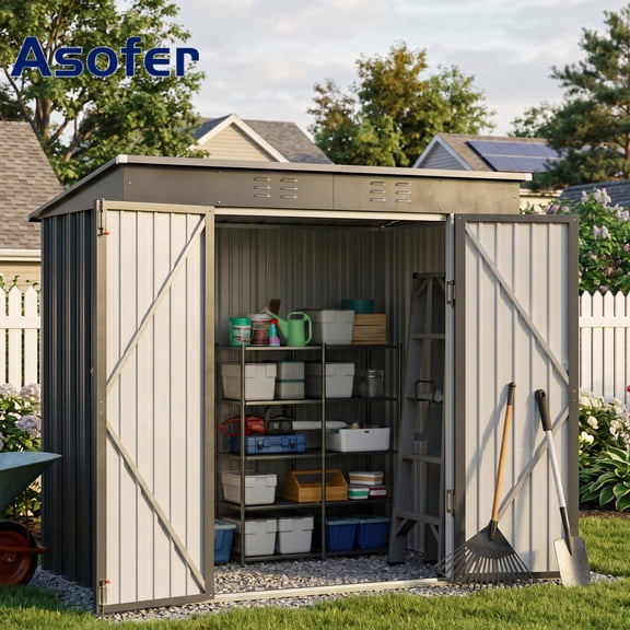 Asofer 6'x4' Outdoor Storage Shed, Heavy Duty Metal Garden Shed with Lockable Higher Hinged Door, Tool Storage for Patio, Backyard, Lawn, Dark Gray