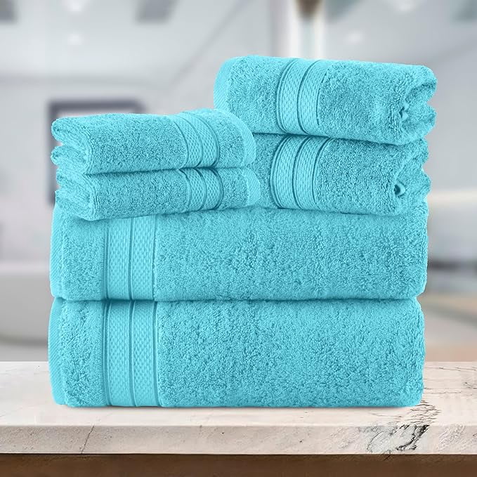 Elegant Comfort 6-Piece Towel Set - Three Line Popcorn Design, 100% Turkish Cotton, Soft and Absorbent, Quick-Drying, 2 Bath Towels, 2 Hand Towels, 2 Washcloths - Aqua