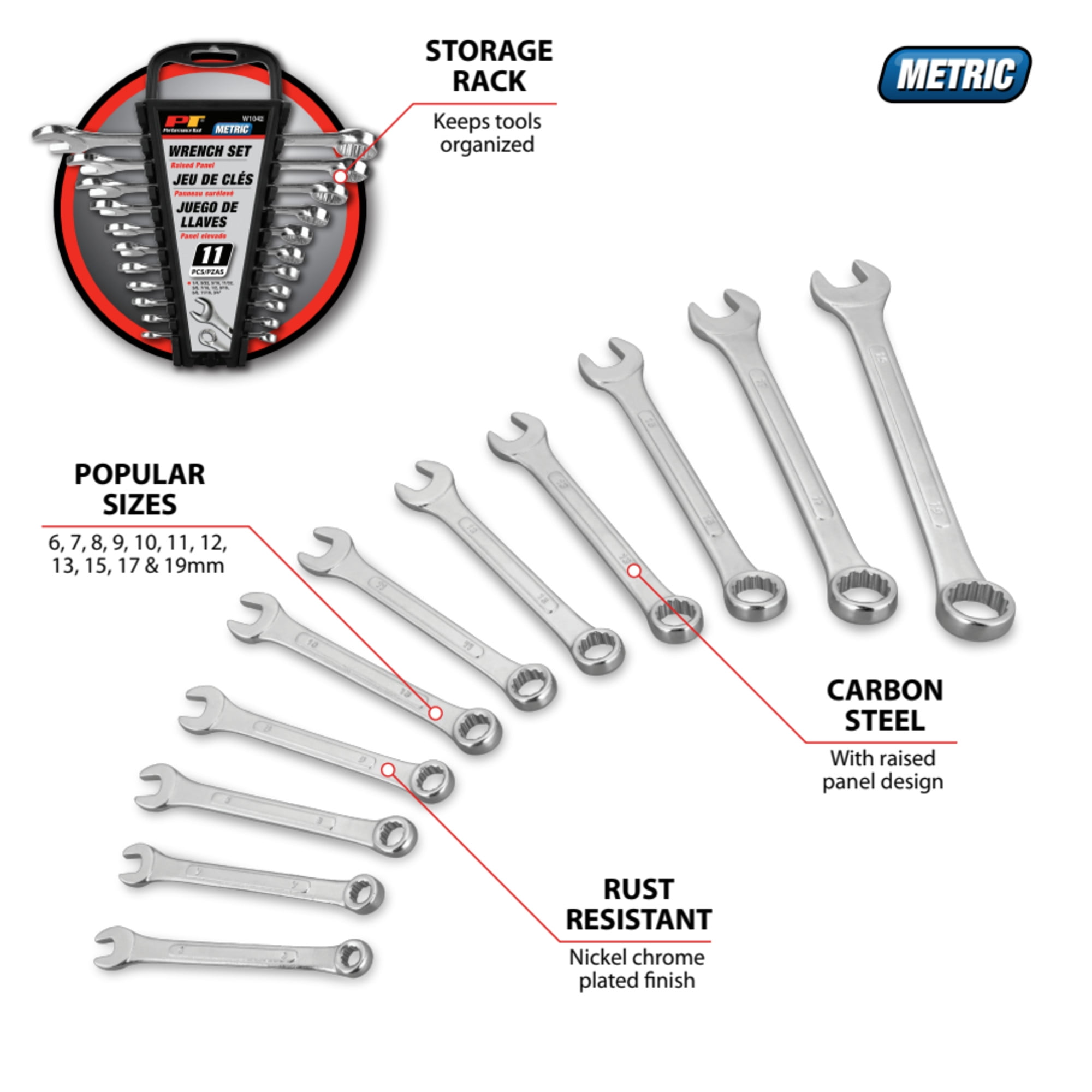 Performance Tool W1042 11 Pc. Metric Wrench Set - Nickel Chrome-Plated, Carbon Steel, Storage Rack