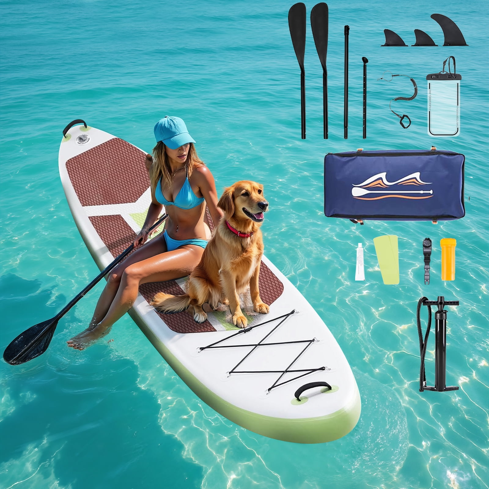 Sybels Complete Inflatable Stand Up Paddle Board Kit, Wide & Stable Design, Anti-Slip Deck, Adjustable Paddle, Ideal for Beginners to Advanced, Brown