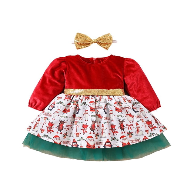 Robe de Noël Décontractée pour Filles Manches Longues Col Rond Imprimé Dessin Animé Robe Trapèze avec Bandeau