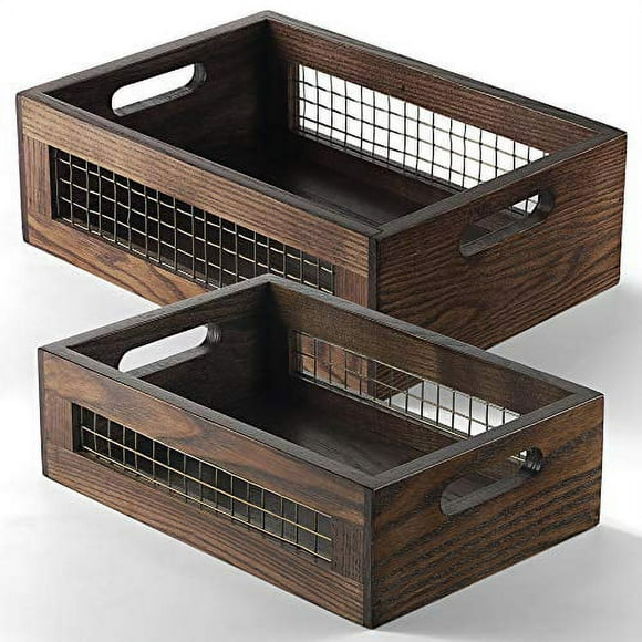 Wooden Nesting Countertop Baskets Set of 2 for Kitchen, Bathroom, Pantry|Wooden storage organizer For Fruit, Vegetables, Produce, Bread|Storage Space with handles|Decorative Rustic Wood and Metal Wire