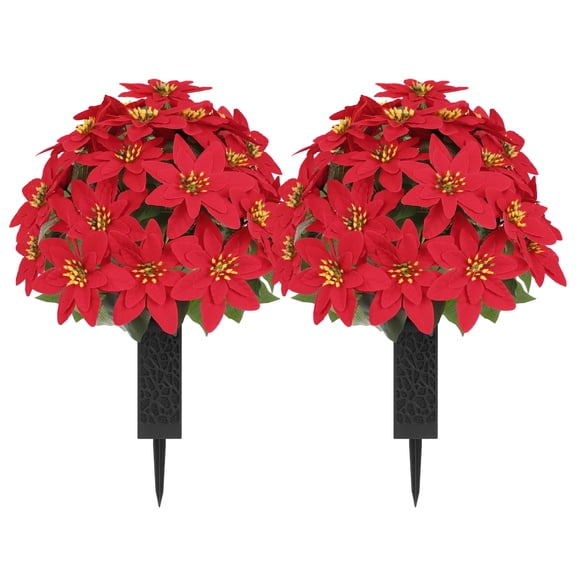 HKKDKTA 2 Sets Christmas Poinsettias Artificial Cemetery Flowers with Vase for Grave Outdoor Decorations