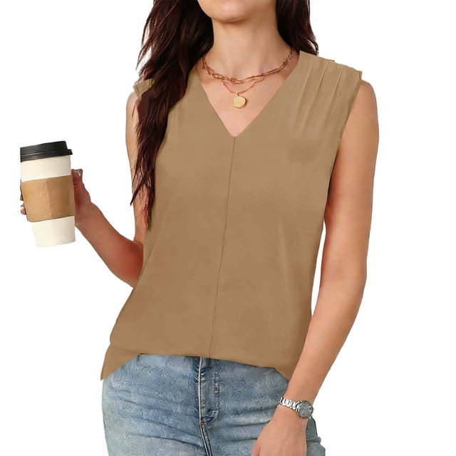 Blusas de Verano de Mujer Cuello en V sin Mangas de Color Sólido con Cuello Tank Top Desgaste Diario Casual, Blusas sin Mangas para Mujeres