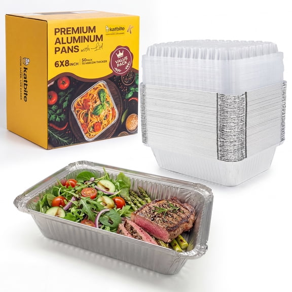 Katbite 6x8 Inch Aluminum Foil Pans with Plastic Lids, 50 Pack Disposable Food Containers for Baking, Meal Prep, Freezer, Takeout