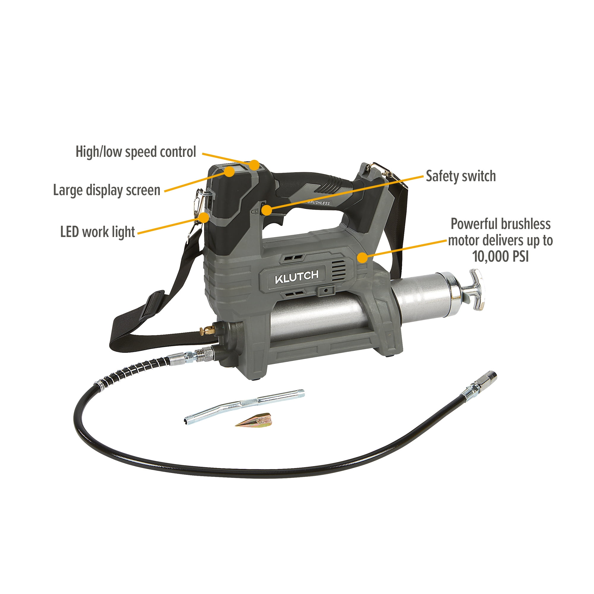Klutch Grease Gun, KLiQ 20V, 10,000 PSI, 5 Oz./Min., Brushless, Cordless, Bare Tool