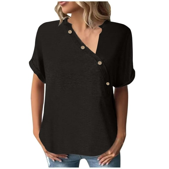 tklpehg Short Sleeve Shirts for Women Solid Color Lightweight Loose Blouses Vintage Summer Going Out Tops Casual V-Neck Button Shirts Tshirt (Black,M)