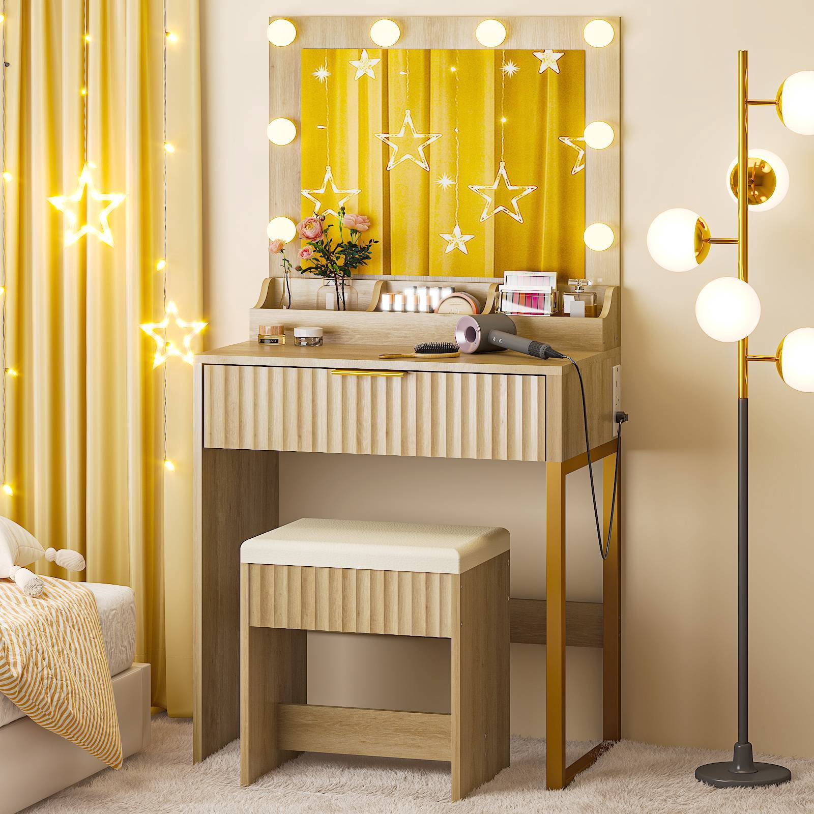 Ktaxon Flutted Makeup Vanity Table w/Stool, Dressing Desk with Charging Station, For Femal Gift, Wood Color