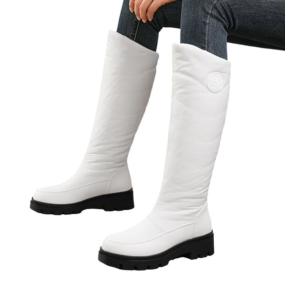 Womens Knee High Snow Boots Casual Pull on Round Toe Thickened Warm Trendy Stitching Long Booties Lug Sole Winter Dress Mid Calf Boots White Size 7.5