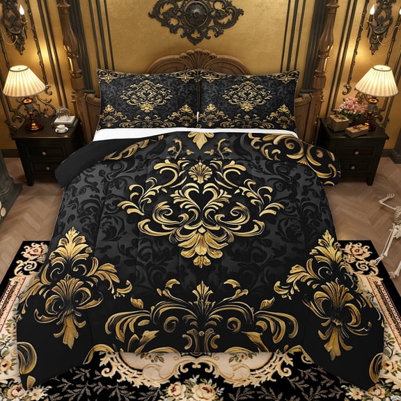 Manfei Gold Baroque Damask Bedding Sets Toddler with Comforter, Hippie Flower Floral Duvet Insert, Vintage Victorian Comforter Sets Toddler Size, Breathable Bedroom Decorative, 2pcs Reversible