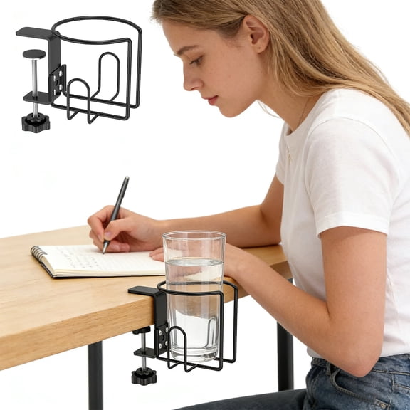 Anmrize Desk Cup Holder With Clamp, No-Drill Table Drink Holder, Large Desk Cup Holder, Clip On Table Cup Holder, Anti-Spill Drink Holder for Lawn Chair, Horizontal Or Vertical Mount, Black