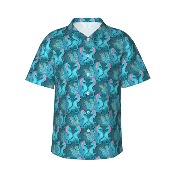Fotbe Seahorse Camisa Hawaiana para Hombre Unisex – Camisa Casual de Verano con Botones de Manga Corta de Algodón y Lino,XX-Large