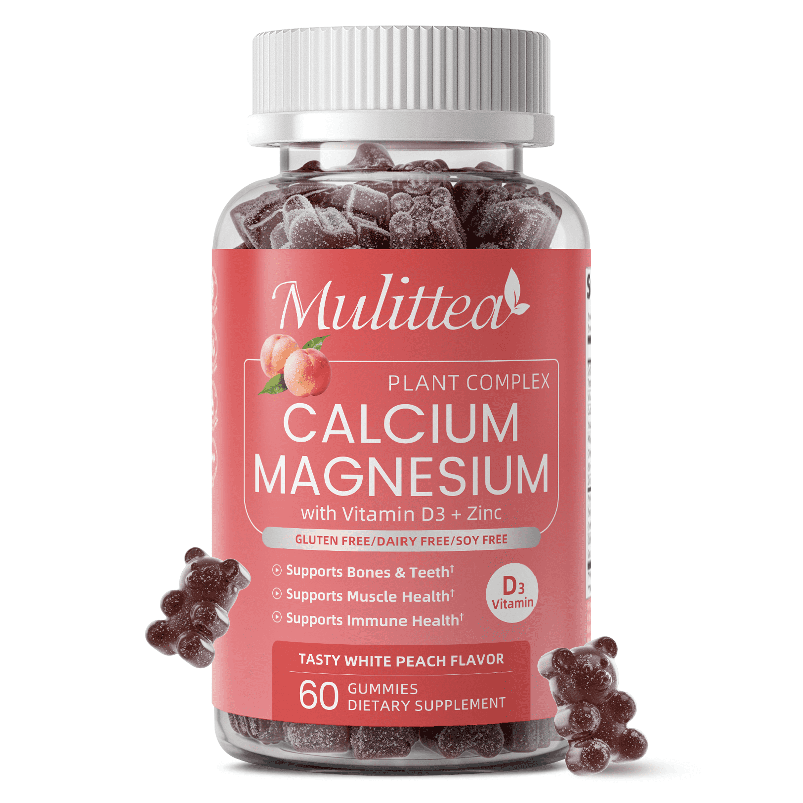 Calcium Magnesium with D3 Zinc Gummies, 60 Calcium Magnesium Zinc Supplement Gummies,Peach Flavor