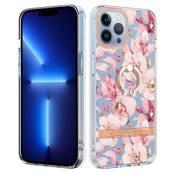 Floral Pattern Case for iPhone 16 Pro Max, Clear Case with Ring Holder Kickstand for iPhone 16 Pro Max, Slim Lightweight Military Grade Shockproof Protective Phone Cover for Women Girls, Pink Flower