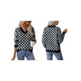 thumbnail image 3 of Women'S Cropped Plaid Sweater V-Neck Long Sleeve Crop Sweater Pullover Jumper Knit Top Black XL, 3 of 9