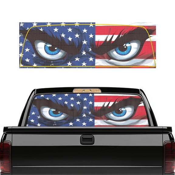 Pzuqiu American Flag Angry Eyes Perforated Car Window Stickers 66.9" x 22.4", Vinyl Back Window Decals for Most Pickup Trucks, No Fade Sun Blocking Vinyl Wrap