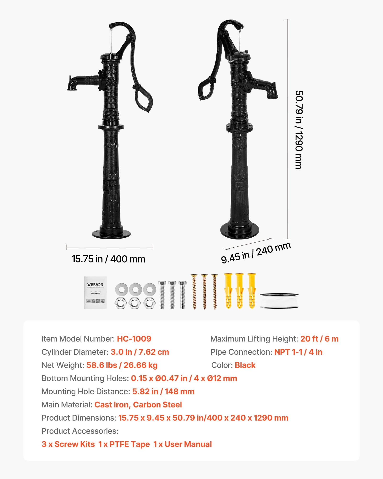 VEVOR Well Hand Pitcher Pump, 20 ft Max Lift, Antique Cast Iron Manual Hand Water Pump with Heightening Base, NPT 1-1/4 in Connection, Easy Installation, for Outdoor Garden, Pond, Yard, Farm, Black