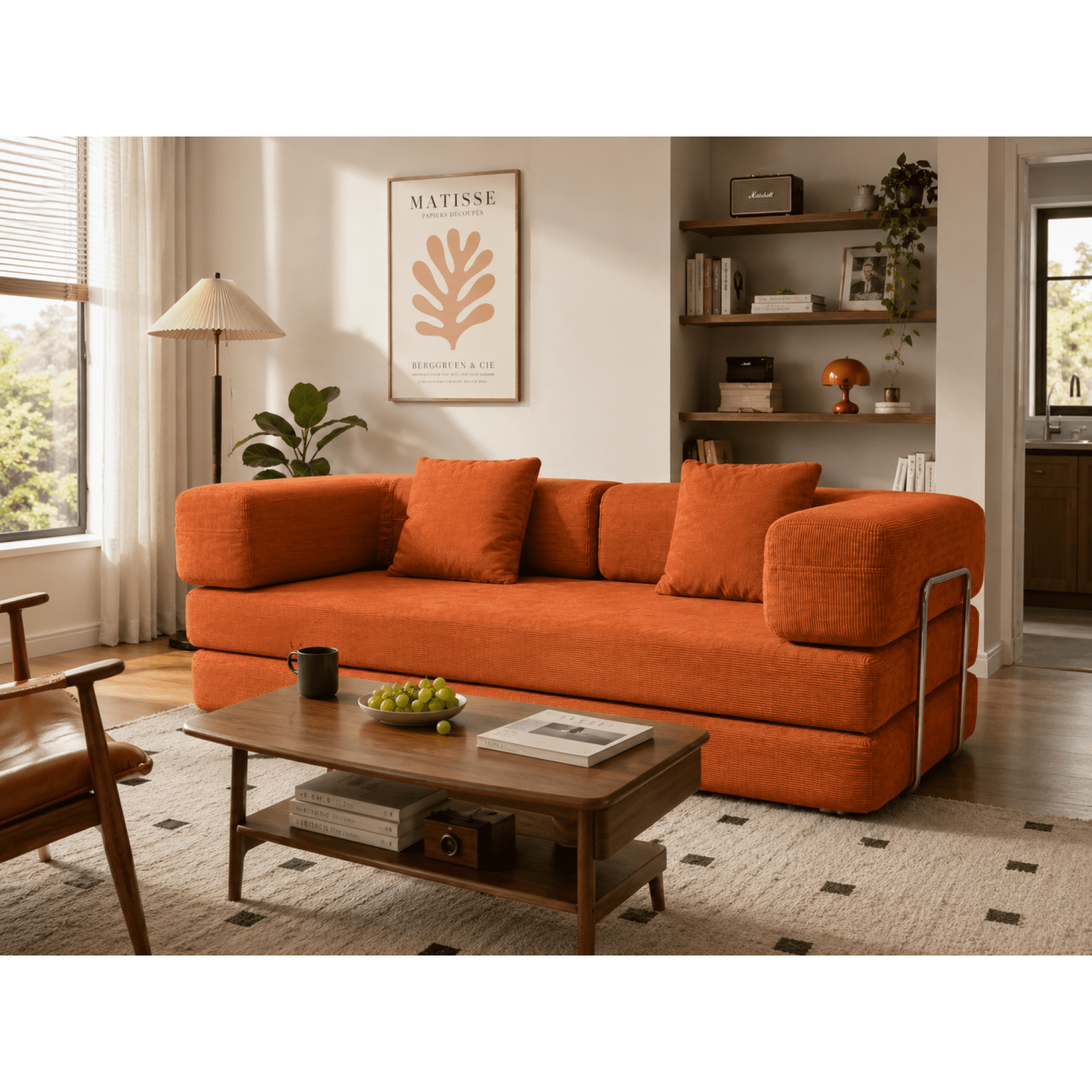 HOQBN Double Sofa Bed, Multifunctional Compression Sofa, Wide Body Pure Spine Sofa, Fine Striped Corduroy Fabric Sofa for Living Room Orange