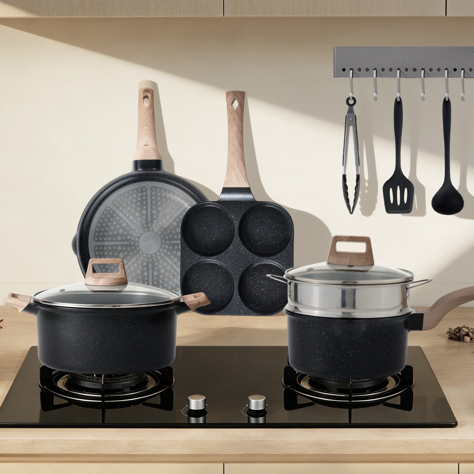 CONCETTA 25 Piece Nonstick Ceramic Cookware Set, Black Granite Induction Pots and Pans with Stay-Cool Handles & Lids, Healthy Kitchen Cooking Set