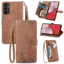 Dteck Case for Samsung Galaxy A14 5G,Magnetic Leather 7 Card Slots Zipper Wallet Case Shockproof Rubber Kickstand Cover with Wrist Strap, Brown