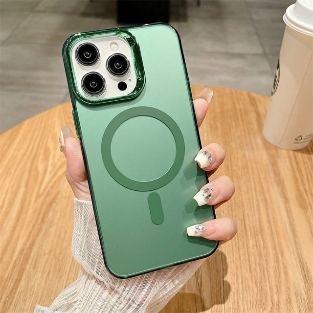 Matte plating camera frame magnetic charging phone case for iPhone 16 15 14 13 12 11 Pro Max magsafe shockproof hard back cover Green For iPhone 11 Pro