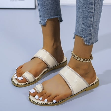 Kukoosong Flat Sandals Women Flip Flops for Women Summer New Women Shoes Solid Color Sequin Edge Casual Slipper Toe Sandals Women Beige Size 42