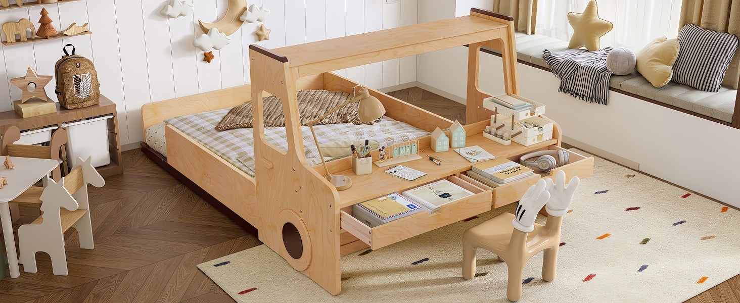 Eyisean Full Size Wooden Low Platform Floor Bed Frame with Fun Car-Shape & 2 Storage Drawers, Multi-functional Durable Race Car Beds with Desk Area, Easy Assembly for Bedroom, Apartment