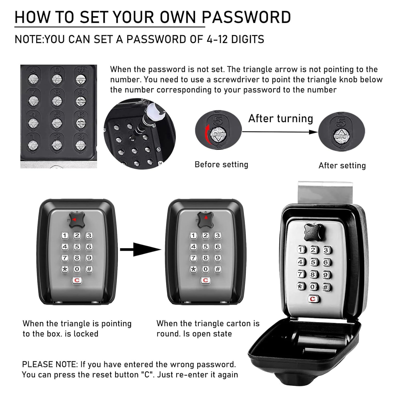 Yolispa Key Lock Box, Key Box 12-Digit Combination Push Button Key Safe Box for Wall Outside Door , Waterproof Resettable Large Capacity Security Lockbox for Home Garage Hotels