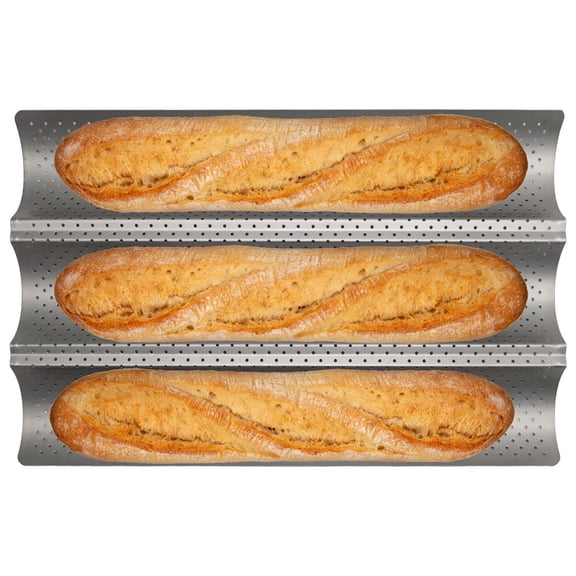 Stainless Steel Perforated Baguette Pan, 3-Loaf Nonstick French Bread Pan, 15"x9.6" Silver-Colored Bakery Tray for Baking