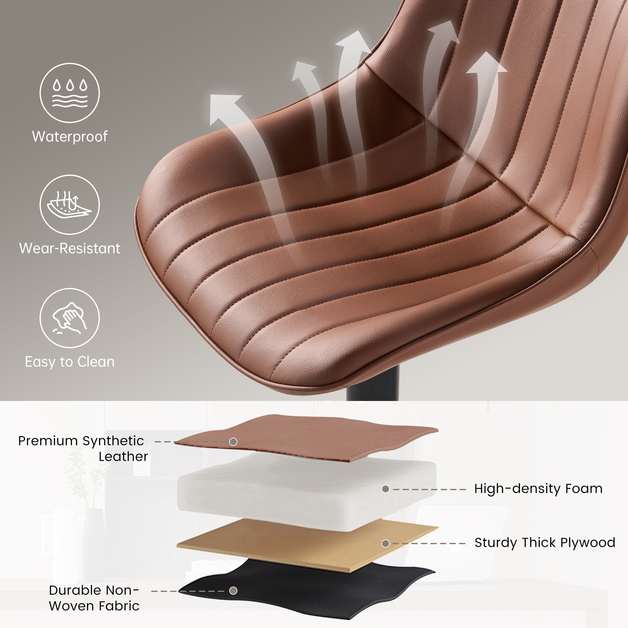 SAETSFEG Bar Stools Set of 2, Adjustable Swivel Counter Height Bar Stool with Footrest, Modern PU Leather Bar Chairs for Kitchen Island, Dining Room, Brown