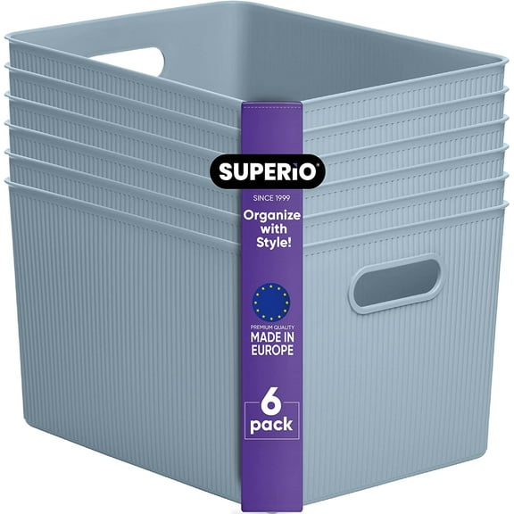 Superio Ribbed Plastic Storage Basket Organizer (6 Pack), 22 Liter Classic Closet Storage Bin for Shelf, Desk, Pantry – Store Toys, Clothes, Cosmetics, Stationary – Blue