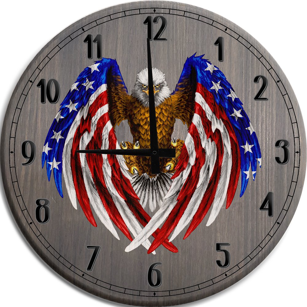 Large Wall Clock American Bald Eagle in Red, White, & Blue Talons Man