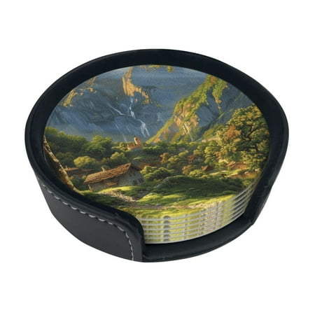 

Mountain village scenery Beverage Coasters 6-piece set leather embosed coasters with stand Waterproof round coasters suitable for home