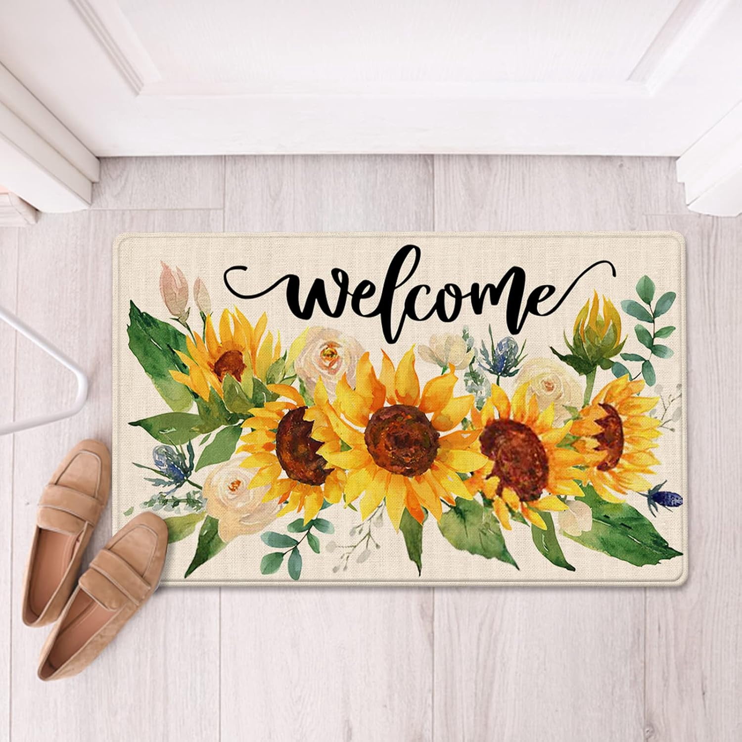 Welcome Fall Sunflower Decorative Front Door Mat, Autumn Floral Flowers Doormat Indoor Outdoor Rose Non-Slip Floor Entryway Rug, Spring Summer Home Kitchen Decoration 17x29 Inch