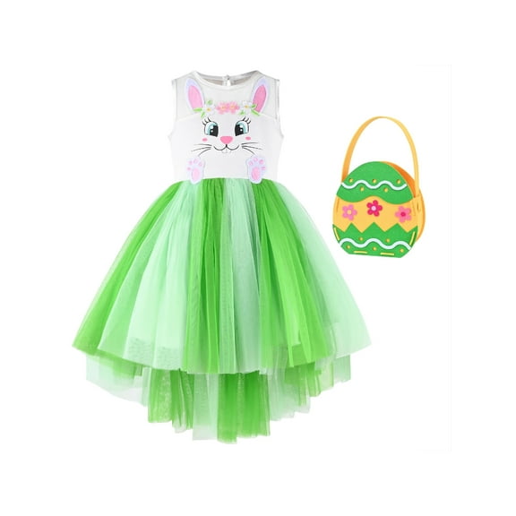 Girls Dress Green Easter Rabbit High Low Dress Egg Hunting Bag 4 Years