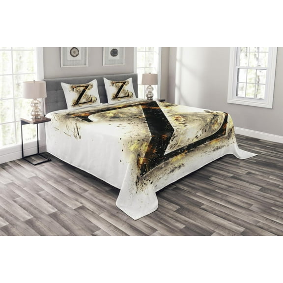 Ambesonne Letter Z Quilted Bedspread Set 3 Pcs, Capital Z Character, King Size, Orange Black Tan