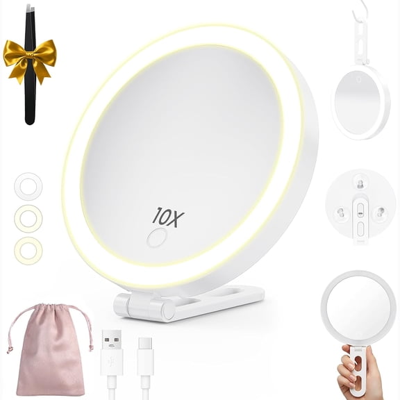Travel Makeup Mirror with Lights, Lighted Magnifying Mirror 10X, 4-in-1 Portable for Handheld, Tabletop, Hanging and Wall Mount with Suction Cup and 3 Color Light, Ideal Gift for Women and Seniors