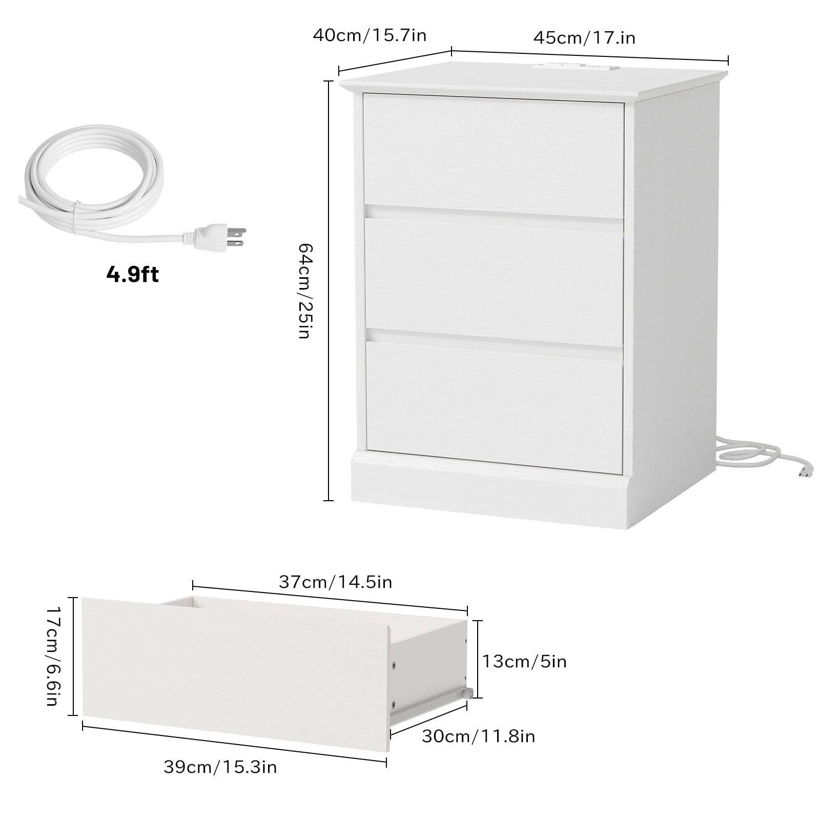 Nightstand Set of 2 with Charging Station, 3 Drawers Nightstand Modern Bedside Table End Table for Bedroom Living Room, White